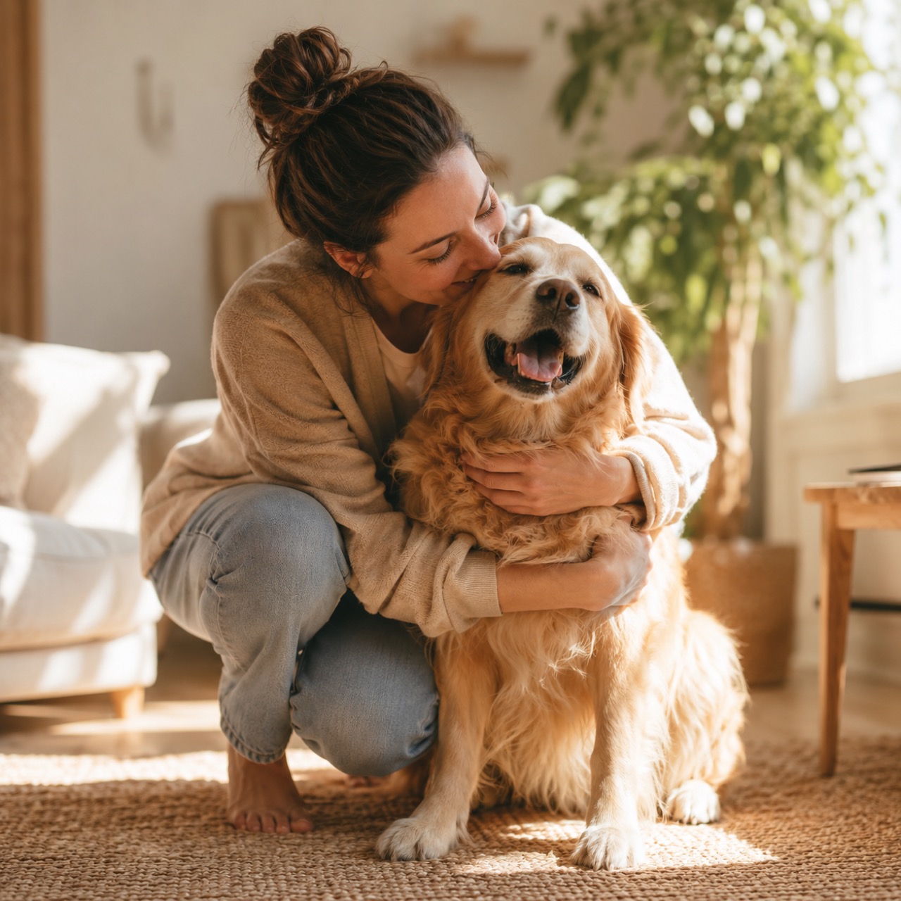 Owner feeding a happy dog